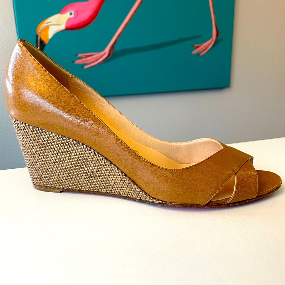 Sold Louboutin Tan Leather Peep Toe Wedge Metallic